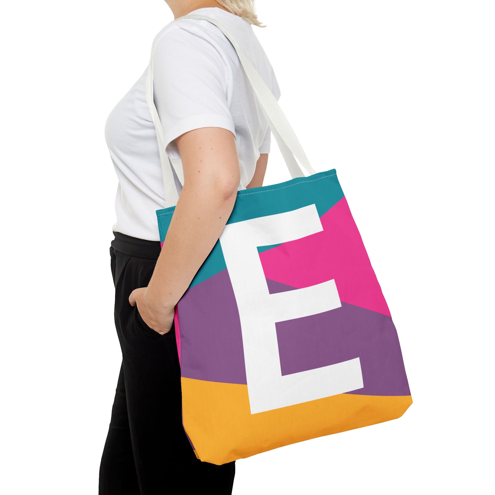 Monogram 'E' Colorblock Tote Bag — Personalized Initial E Shoulder Tote