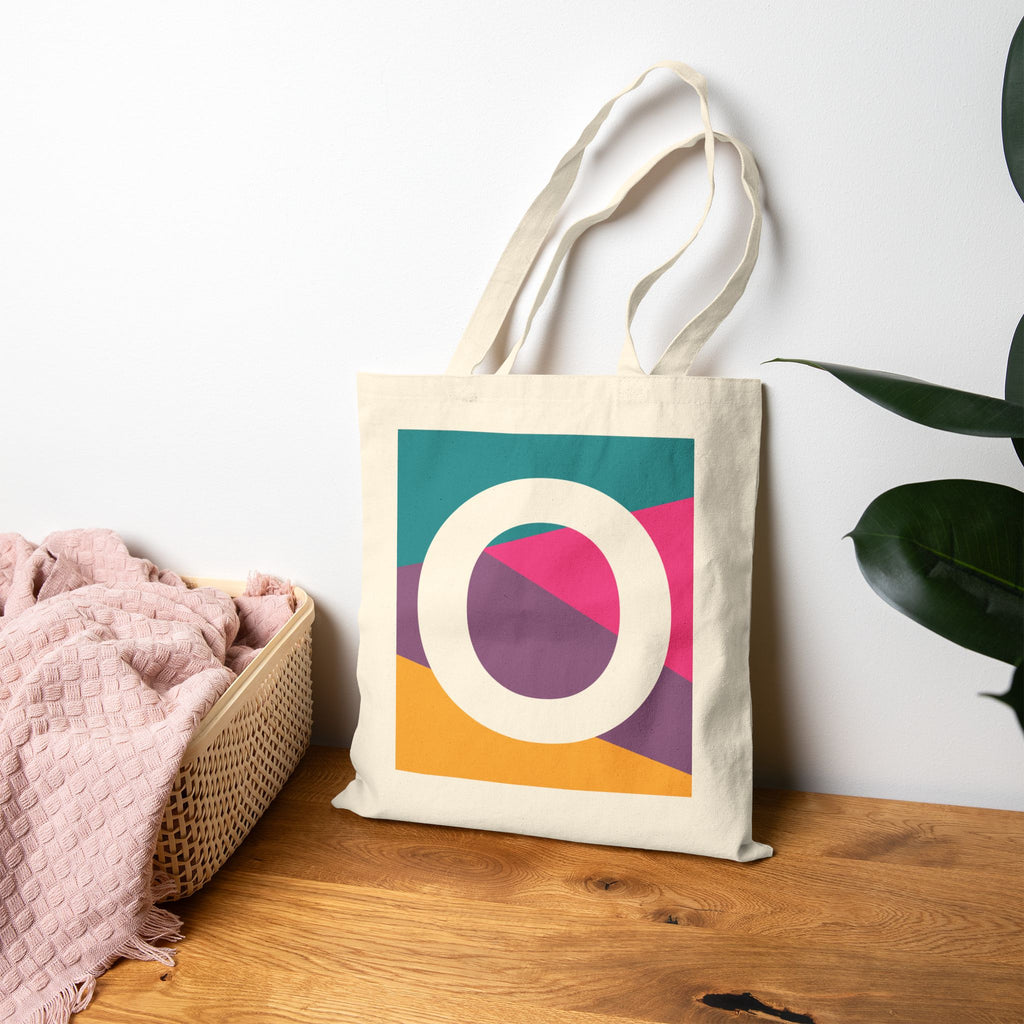 Initial O Colorblock Canvas Tote Bag — Monogram Letter O Reusable Grocery Tote