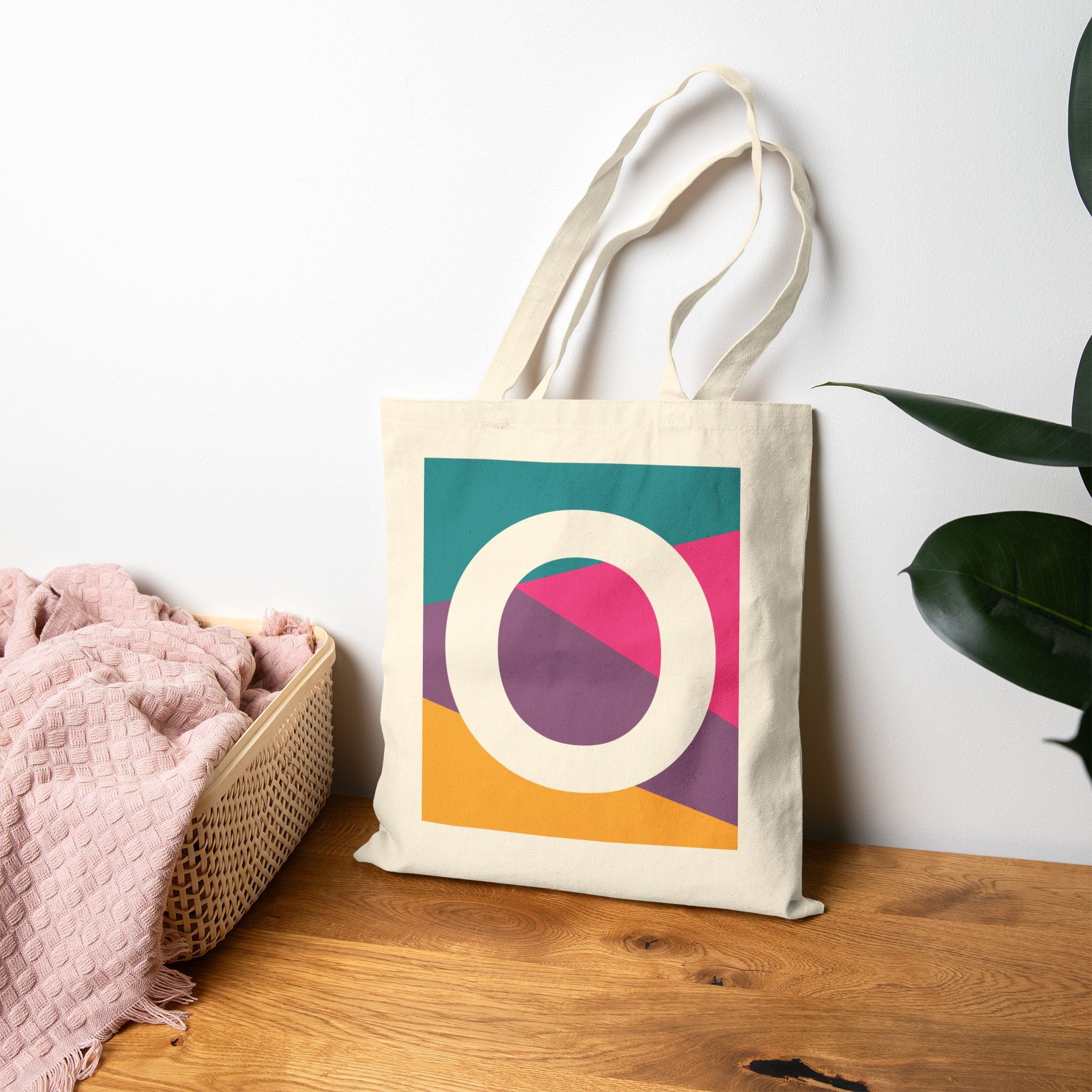 Initial O Colorblock Canvas Tote Bag — Monogram Letter O Reusable Grocery Tote