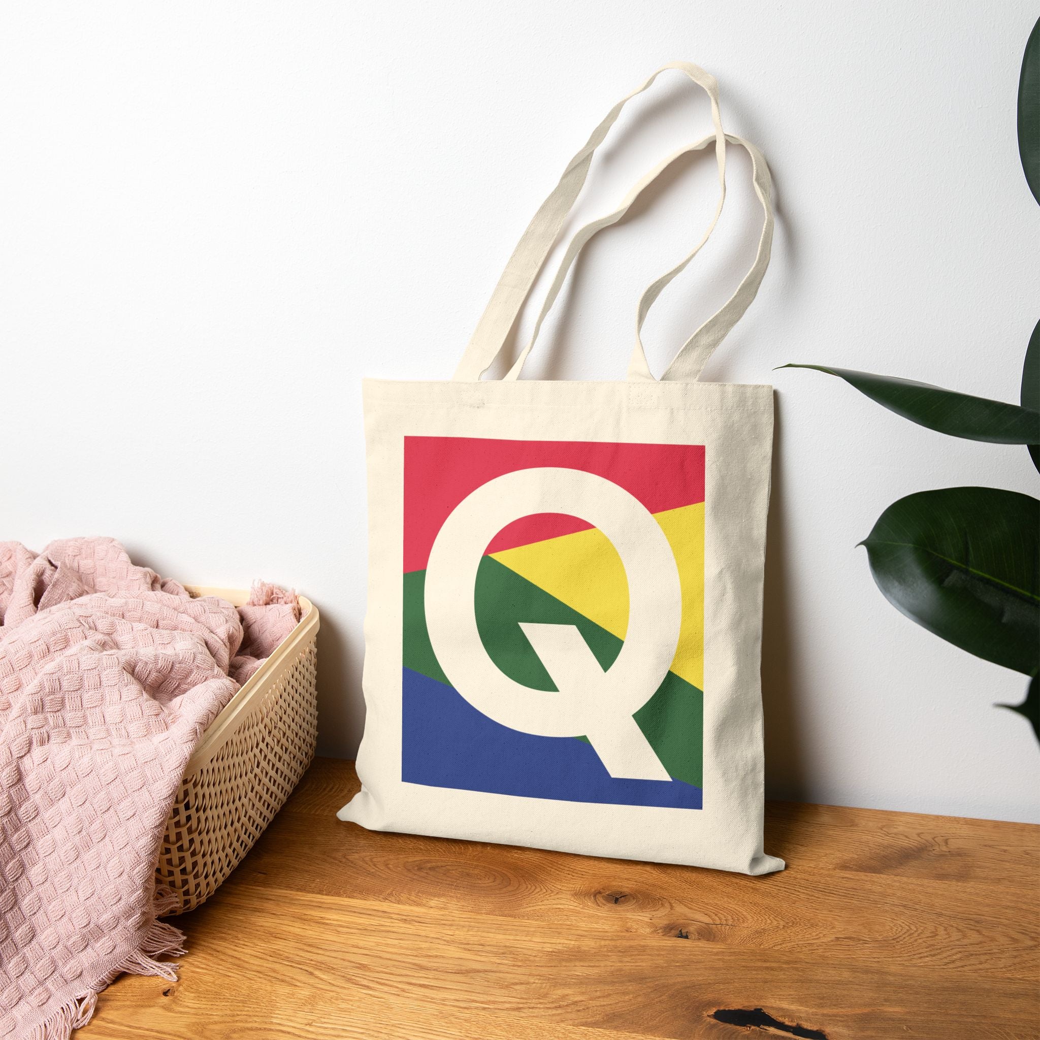 Initial Q Colorblock Canvas Tote Bag — Monogram Letter Q Reusable Grocery Tote