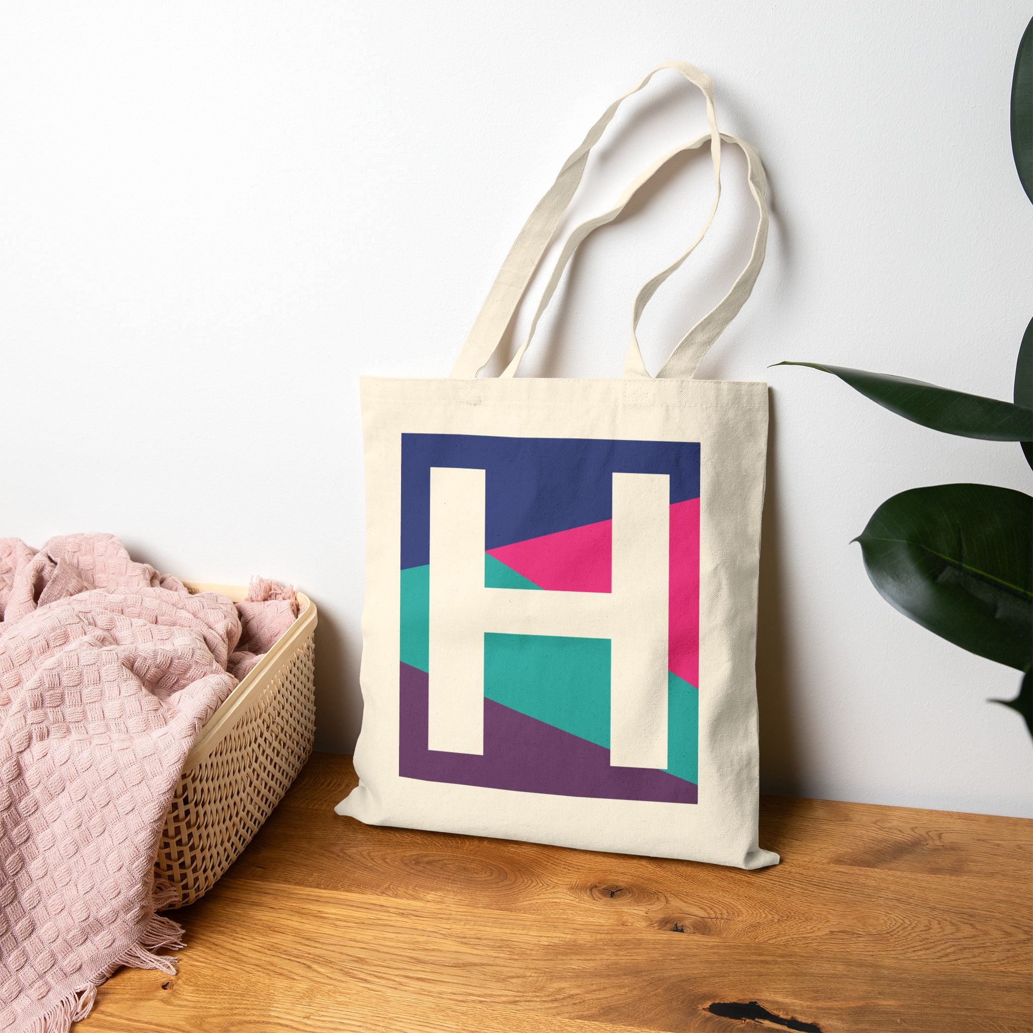 Initial H Colorblock Canvas Tote Bag — Monogram Letter H Reusable Grocery Tote
