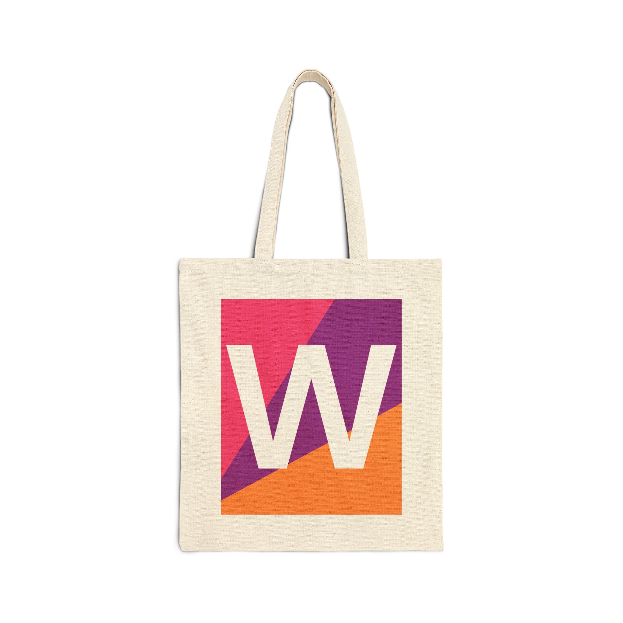 Initial W Colorblock Canvas Tote Bag — Monogram Letter W Reusable Grocery Tote