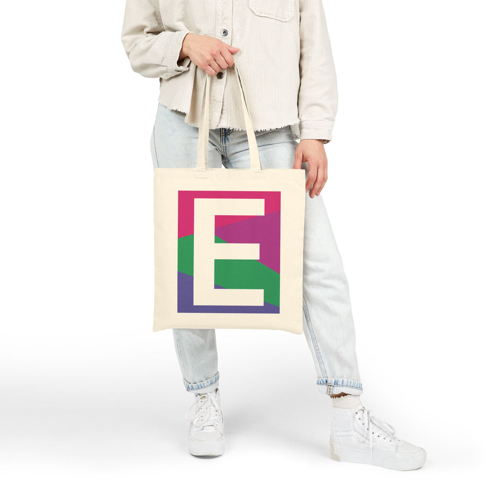 Initial E Colorblock Canvas Tote Bag — Monogram Letter E Reusable Grocery Tote