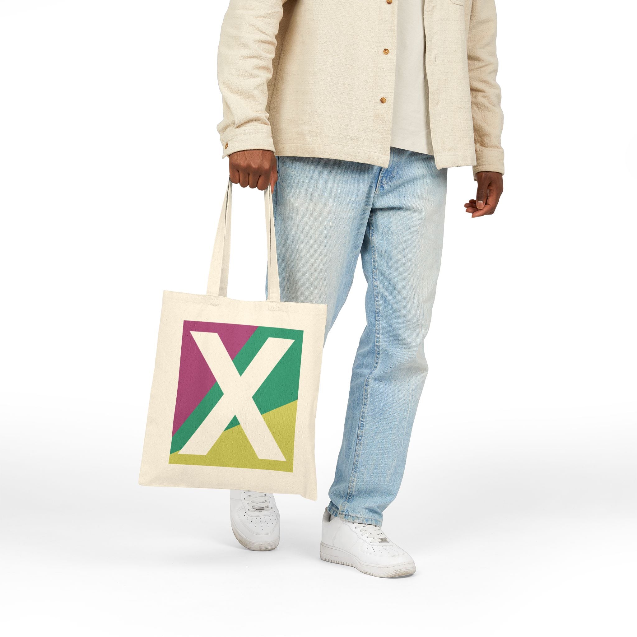 Initial X Colorblock Canvas Tote Bag — Monogram Letter X Reusable Grocery Tote