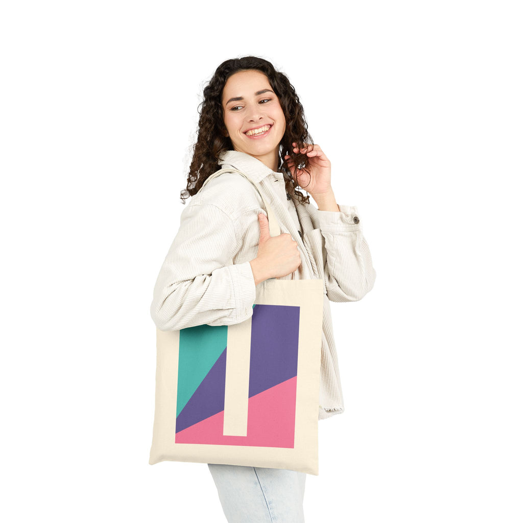 Initial I Colorblock Canvas Tote Bag — Monogram Letter I Reusable Grocery Tote