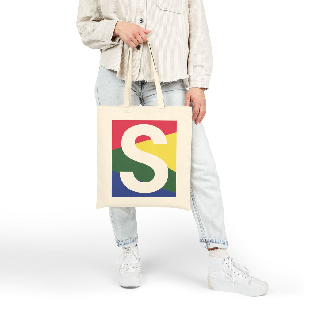 Initial S Colorblock Canvas Tote Bag — Monogram Letter S Reusable Grocery Tote