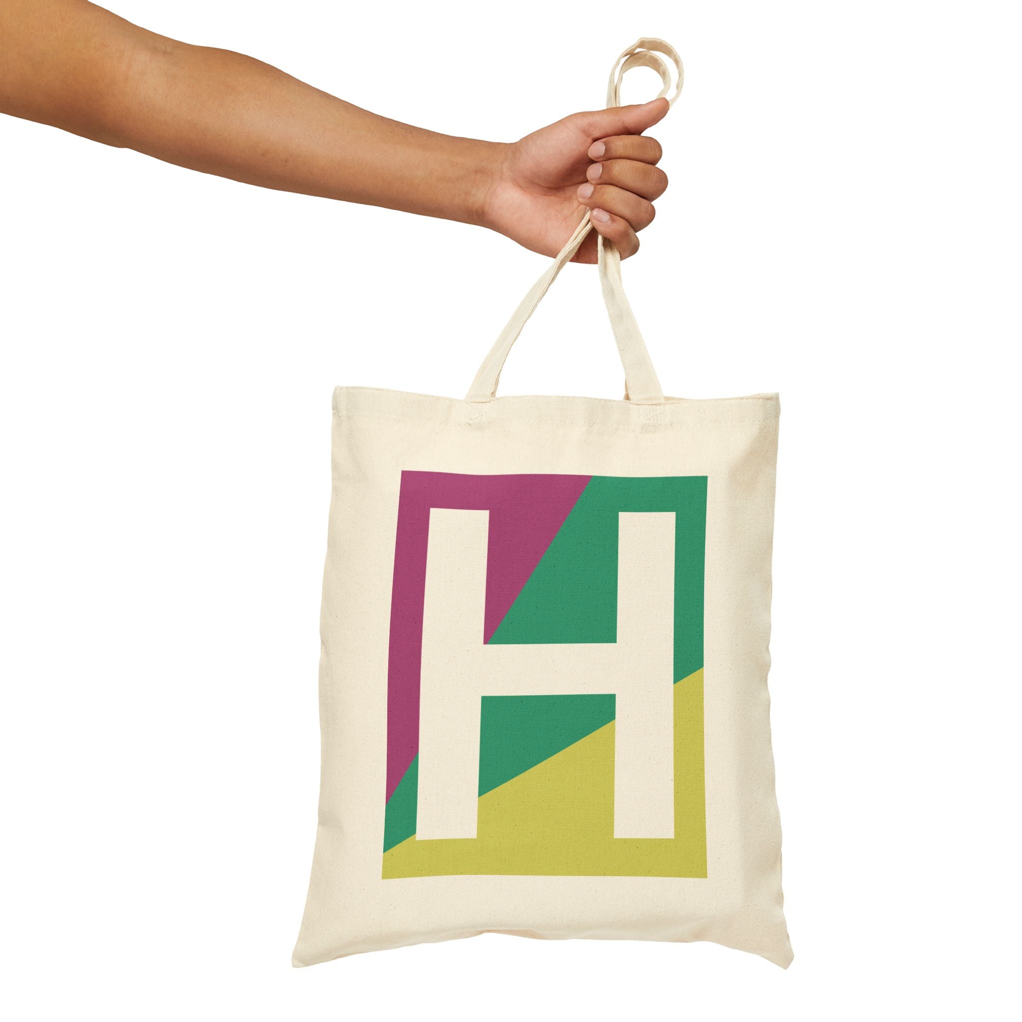 Initial H Colorblock Canvas Tote Bag — Monogram Letter H Reusable Grocery Tote