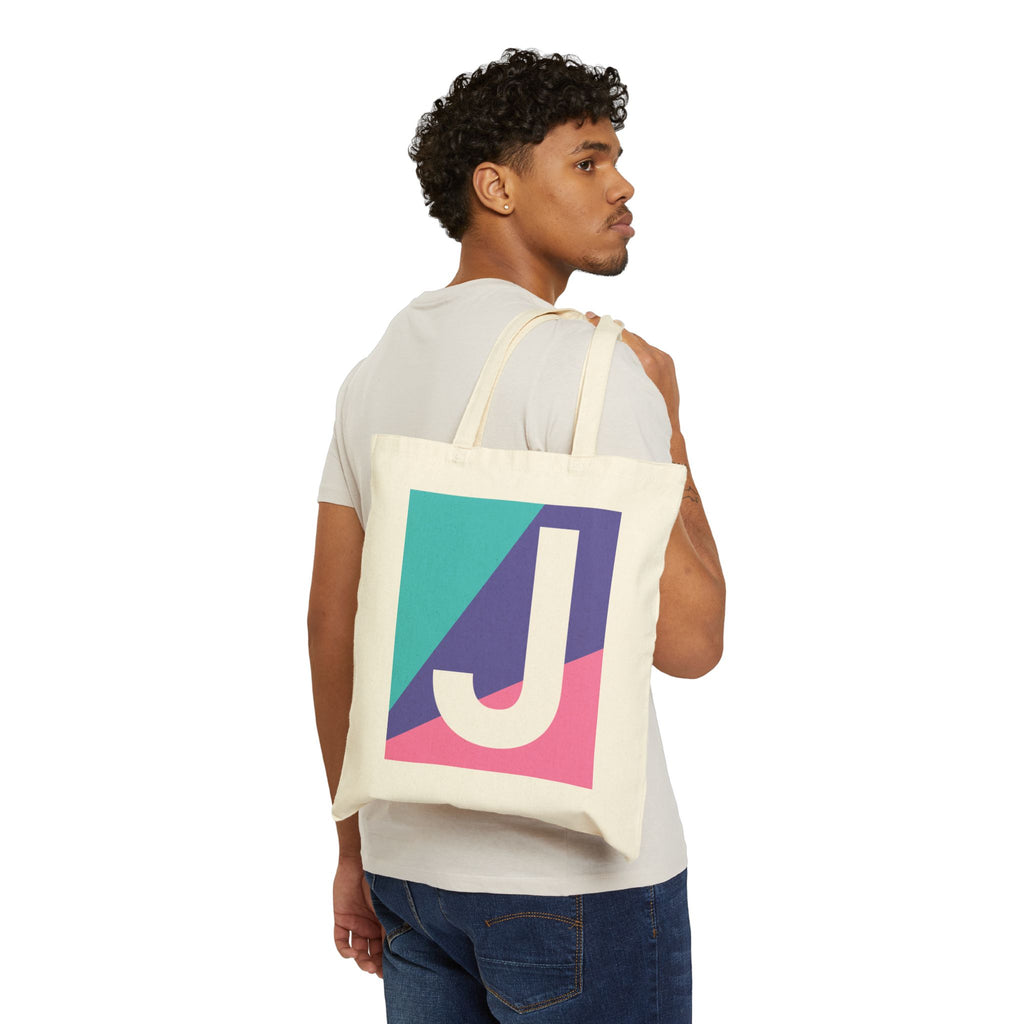Initial J Colorblock Canvas Tote Bag — Monogram Letter J Reusable Grocery Tote