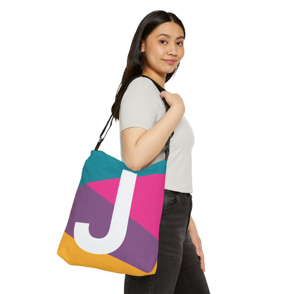 Initial Letter 'J' Colorblock Adjustable Tote Bag — Monogram Alphabet Shoulder Bag