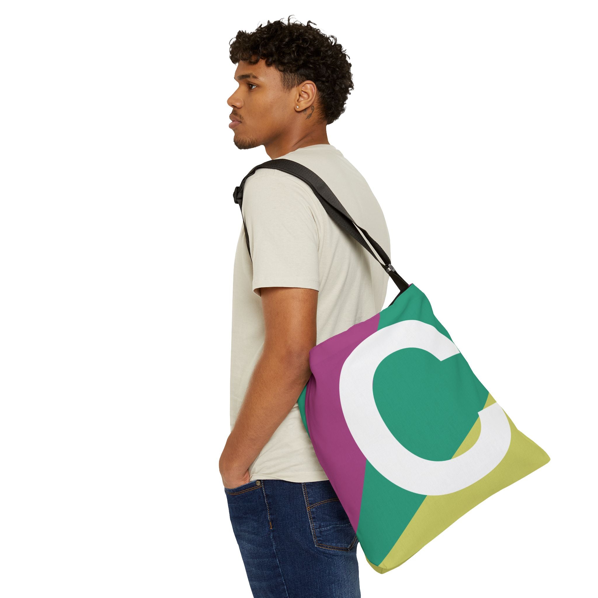 Initial Letter 'C' Colorblock Adjustable Tote Bag — Monogram Alphabet Shoulder Bag