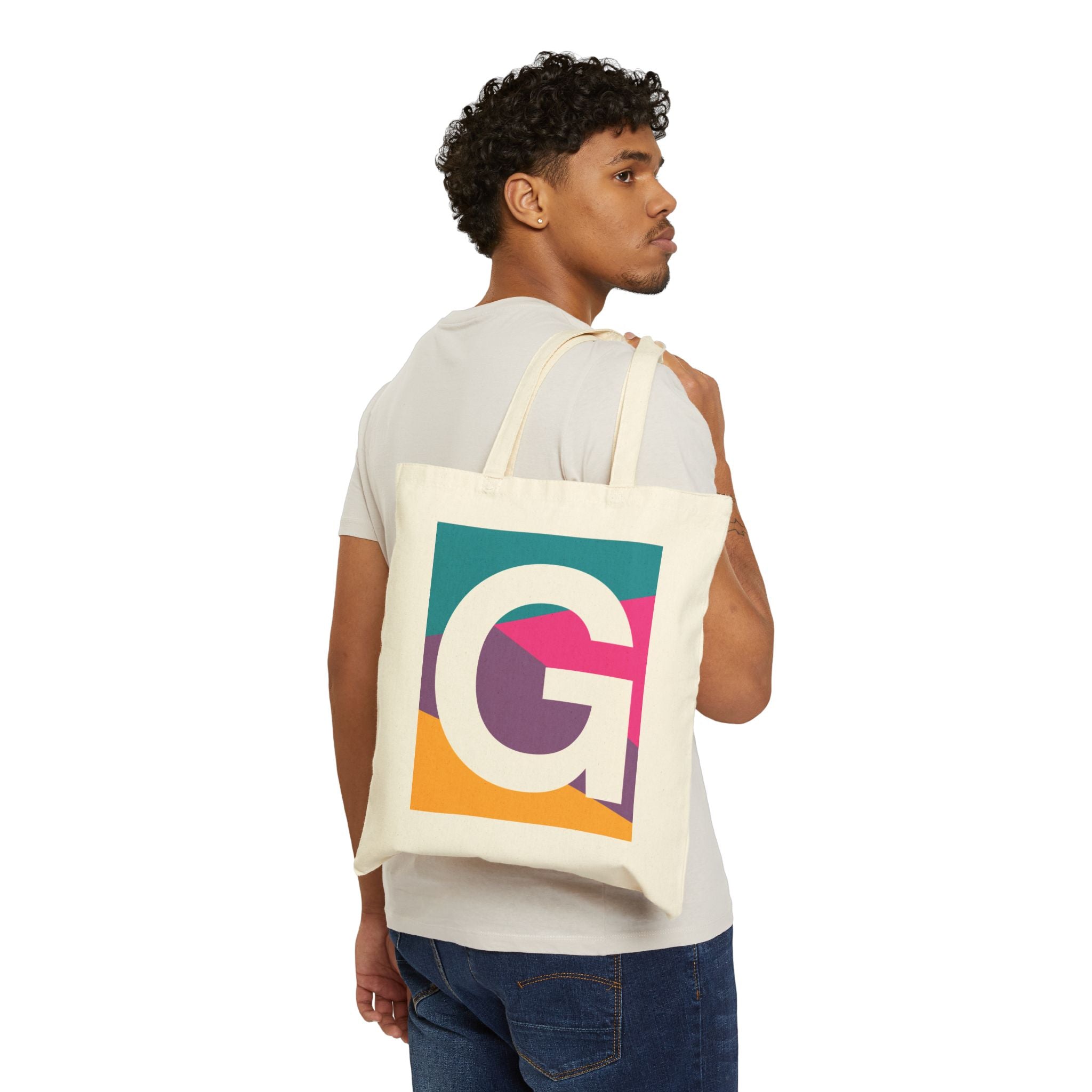 Initial G Colorblock Canvas Tote Bag — Monogram Letter G Reusable Grocery Tote