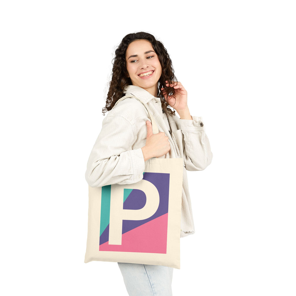 Initial P Colorblock Canvas Tote Bag — Monogram Letter P Reusable Grocery Tote