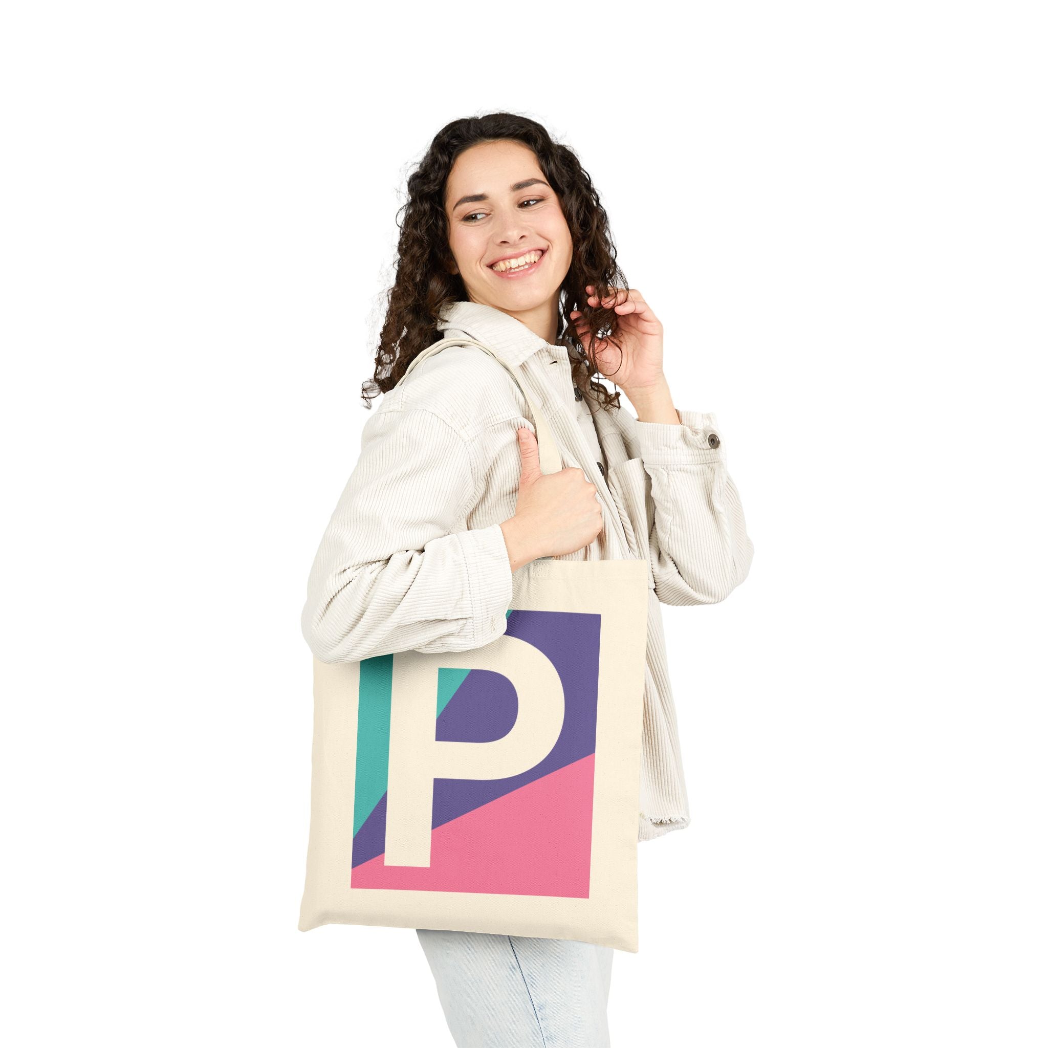 Initial P Colorblock Canvas Tote Bag — Monogram Letter P Reusable Grocery Tote