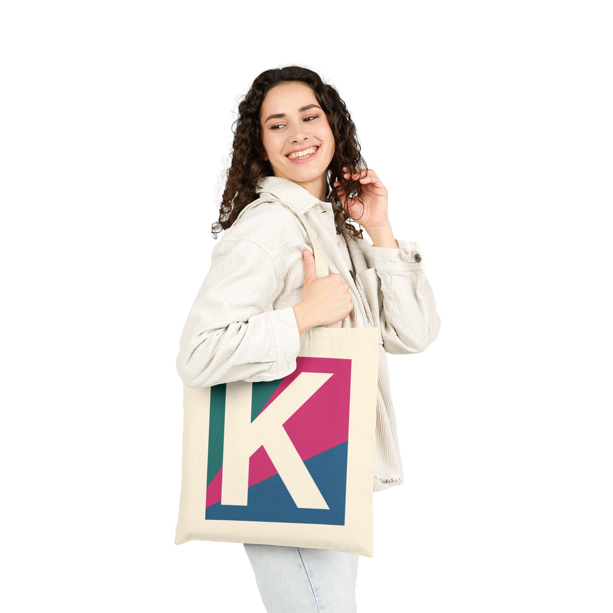 Initial K Colorblock Canvas Tote Bag — Monogram Letter K Reusable Grocery Tote