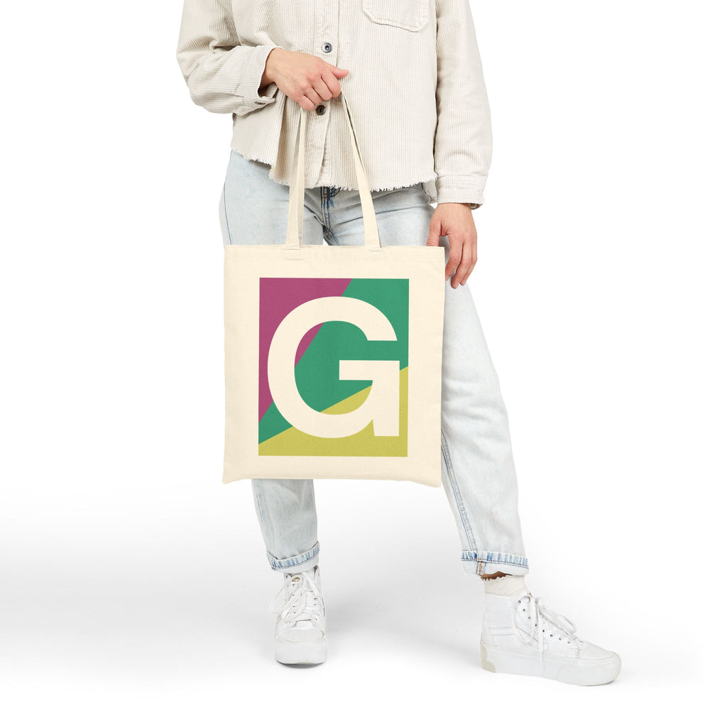 Initial G Colorblock Canvas Tote Bag — Monogram Letter G Reusable Grocery Tote