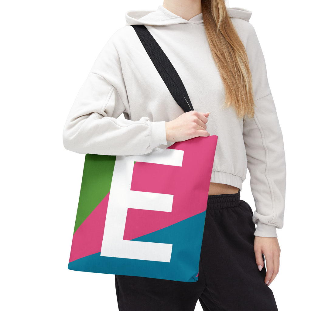 Monogram 'E' Colorblock Tote Bag — Personalized Initial E Shoulder Tote