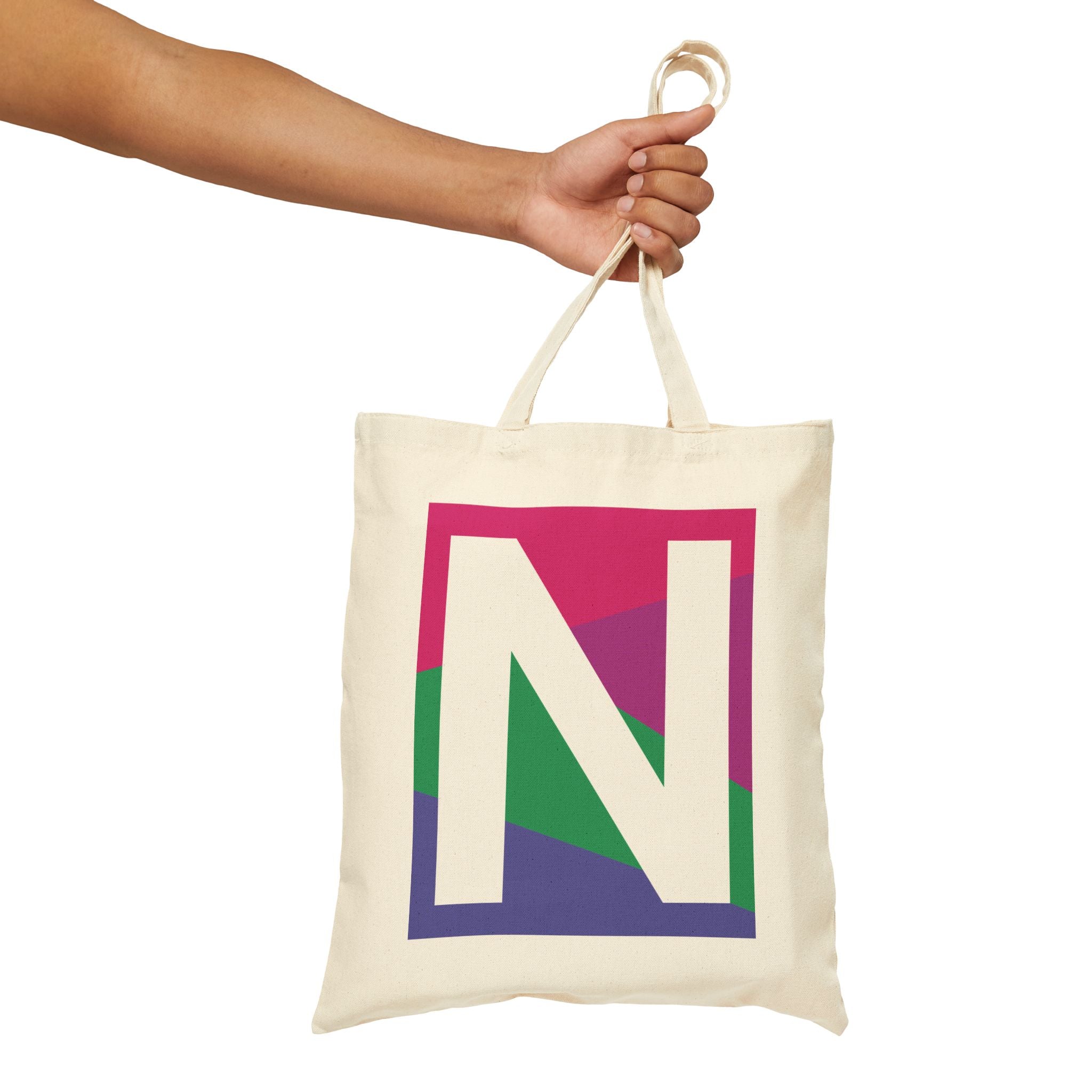Initial N Colorblock Canvas Tote Bag — Monogram Letter N Reusable Grocery Tote