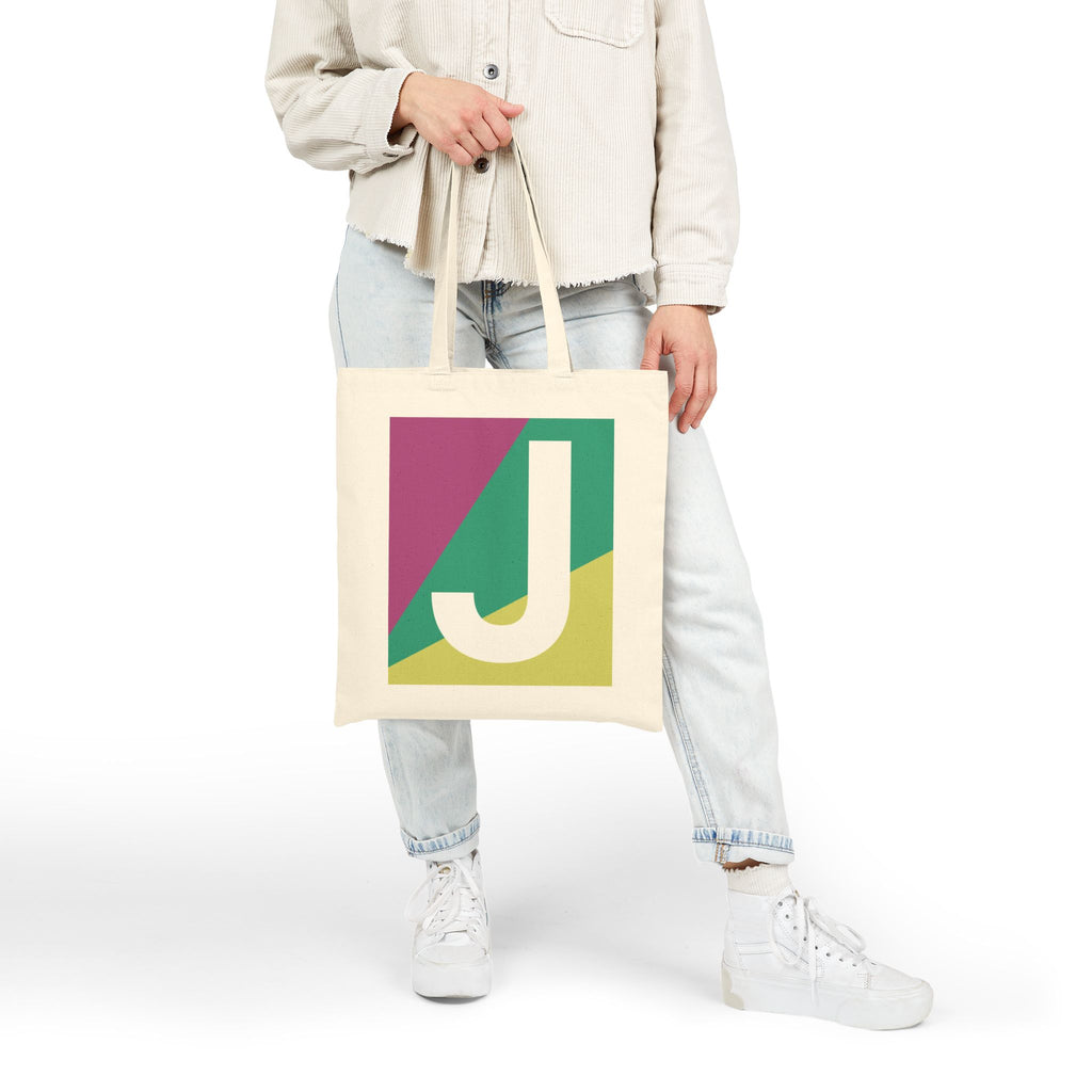 Initial J Colorblock Canvas Tote Bag — Monogram Letter J Reusable Grocery Tote