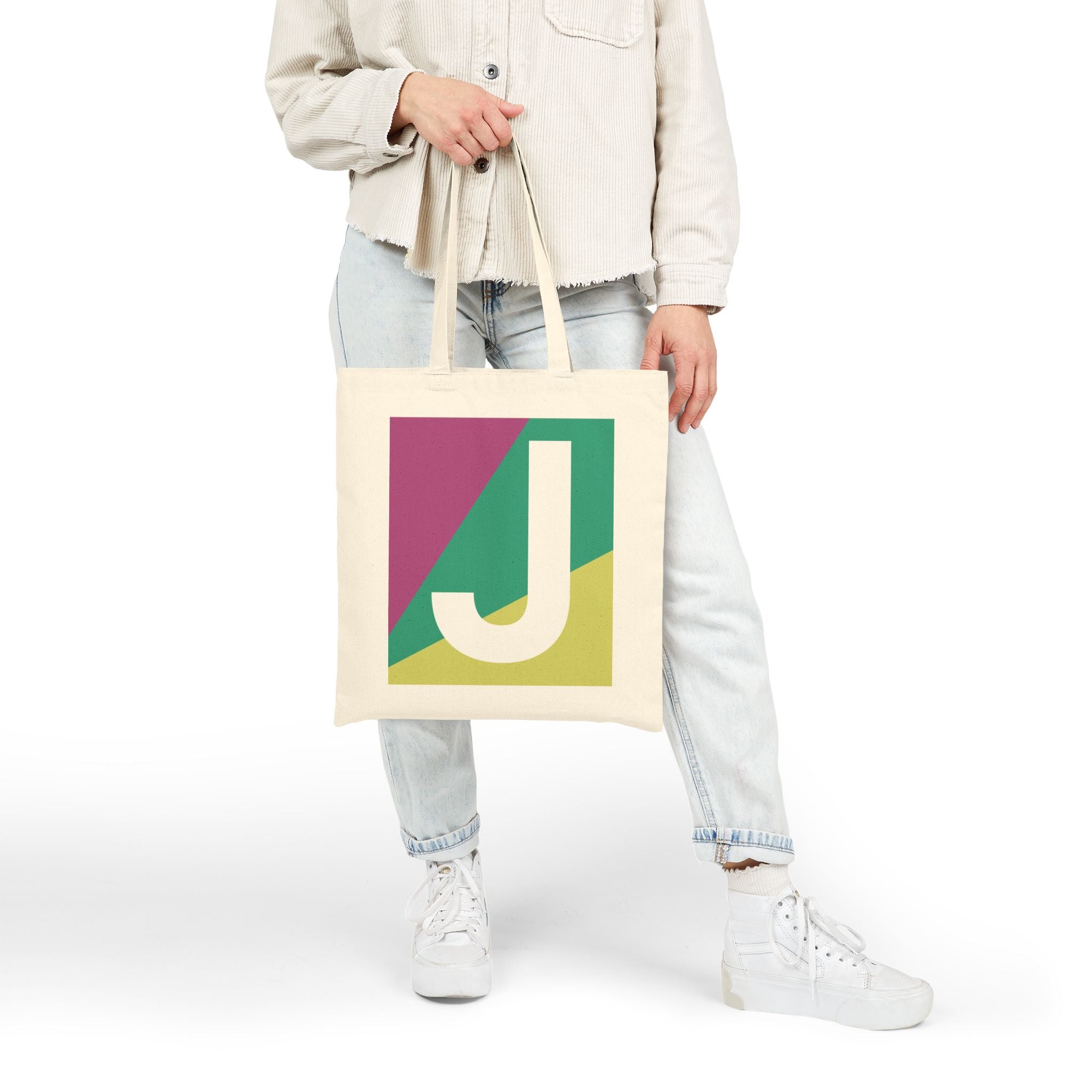 Initial J Colorblock Canvas Tote Bag — Monogram Letter J Reusable Grocery Tote
