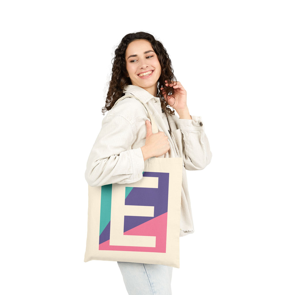 Initial E Colorblock Canvas Tote Bag — Monogram Letter E Reusable Grocery Tote