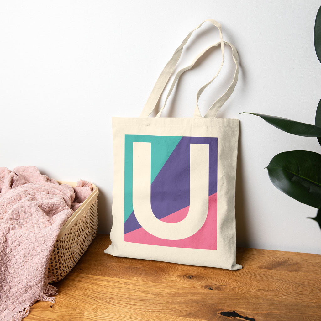 Initial U Colorblock Canvas Tote Bag — Monogram Letter U Reusable Grocery Tote