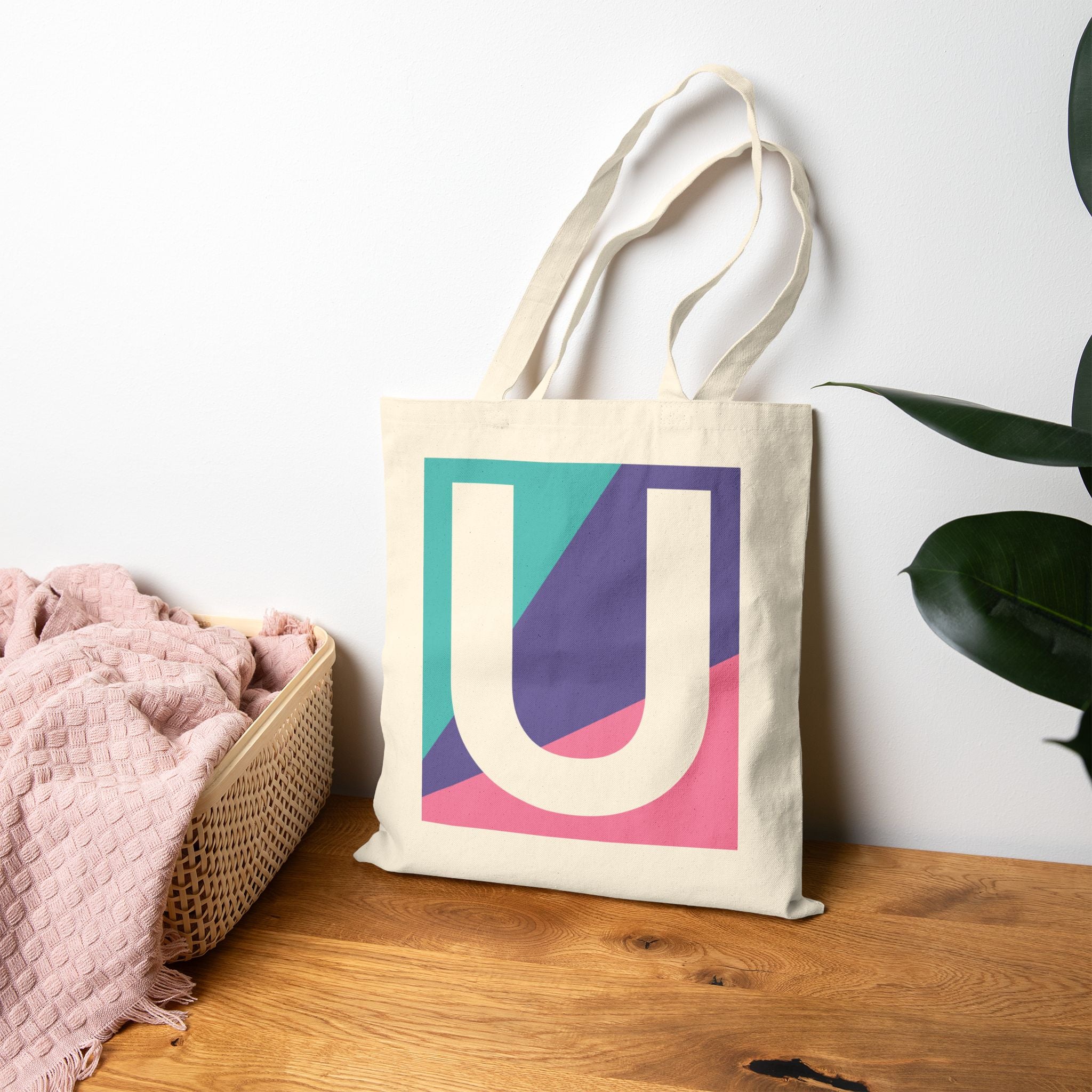 Initial U Colorblock Canvas Tote Bag — Monogram Letter U Reusable Grocery Tote