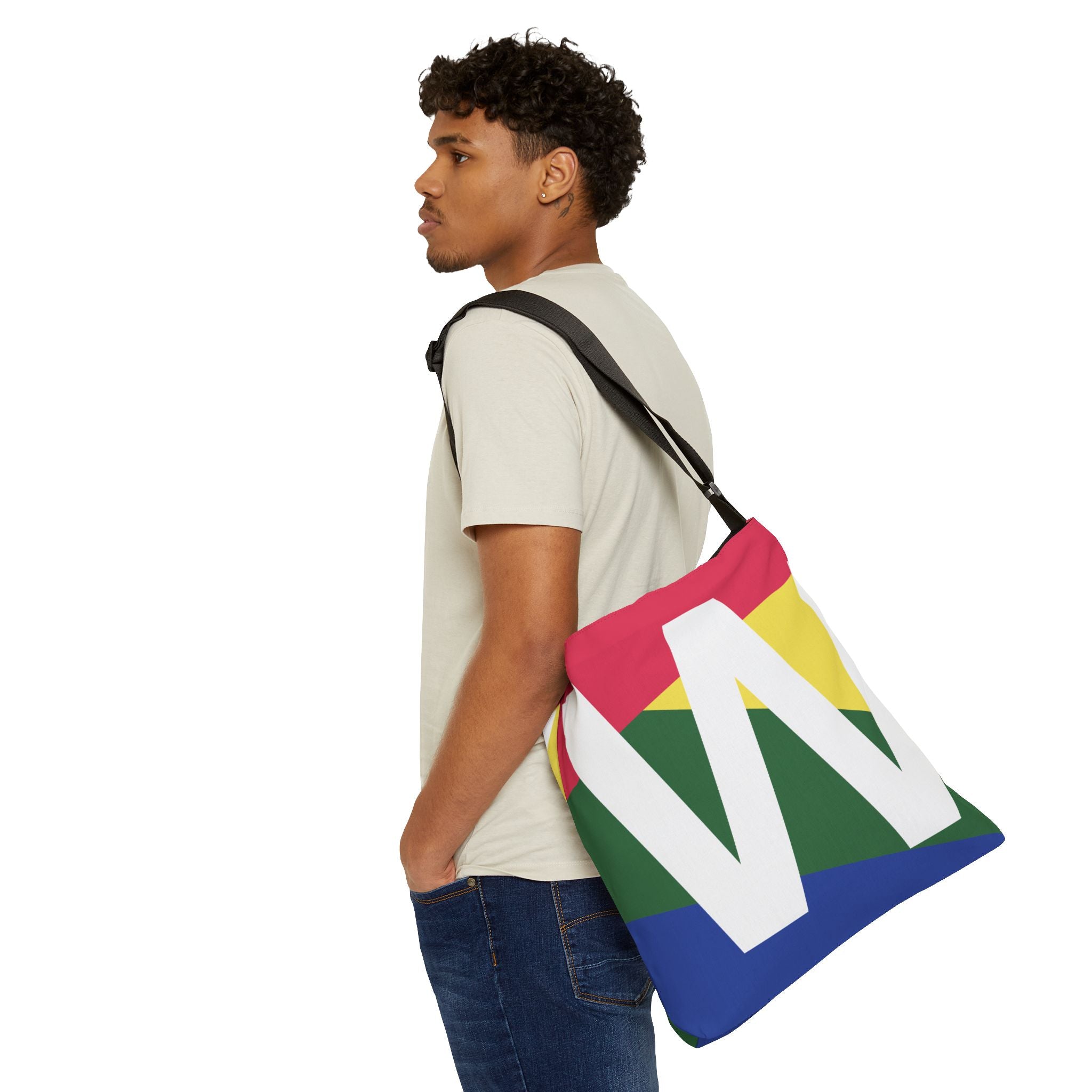 Initial Letter 'W' Colorblock Adjustable Tote Bag — Monogram Alphabet Shoulder Bag