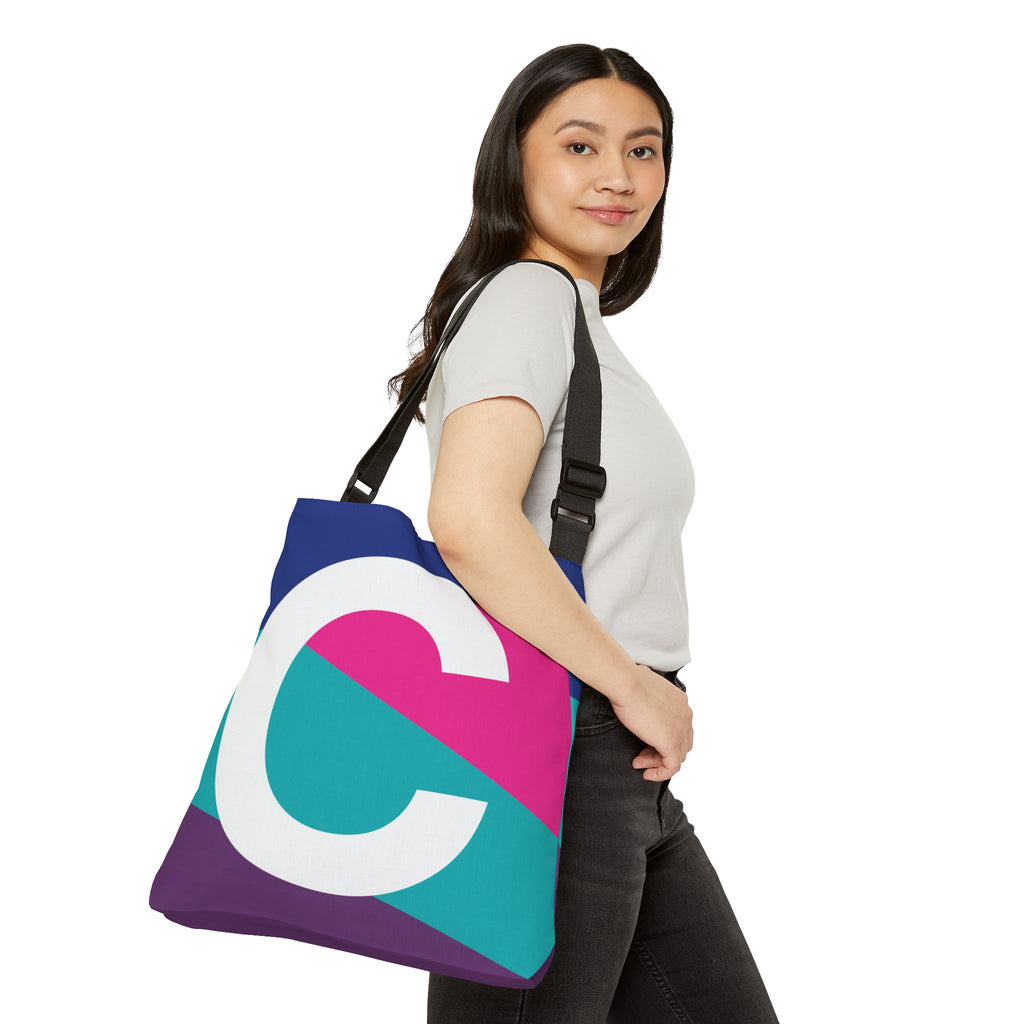 Initial Letter 'C' Colorblock Adjustable Tote Bag — Monogram Alphabet Shoulder Bag