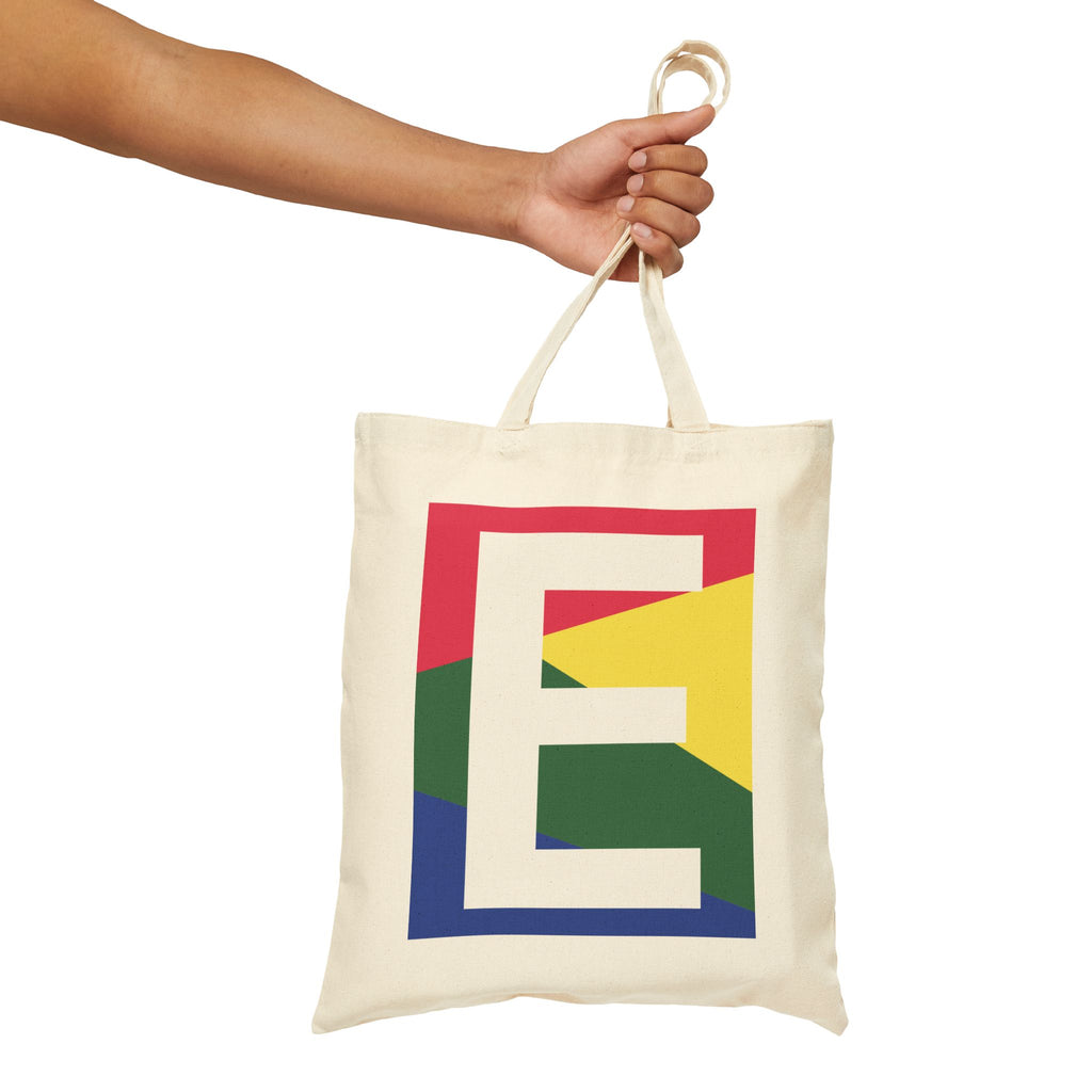Initial E Colorblock Canvas Tote Bag — Monogram Letter E Reusable Grocery Tote