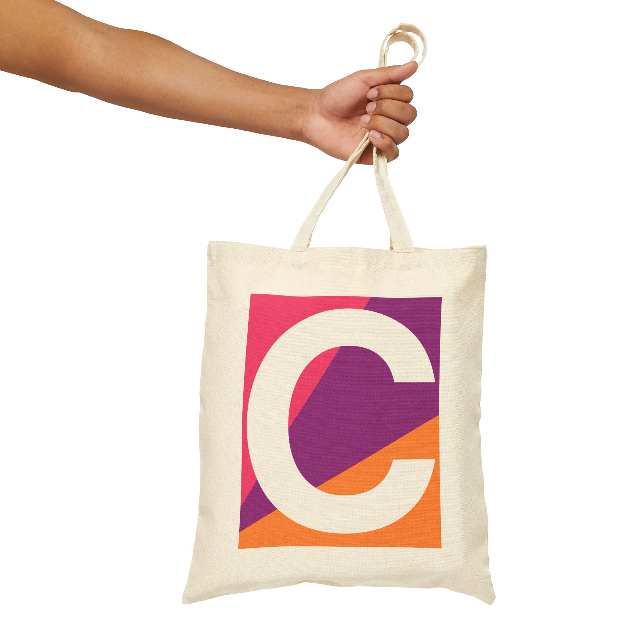 Initial C Colorblock Canvas Tote Bag — Monogram Letter C Reusable Grocery Tote