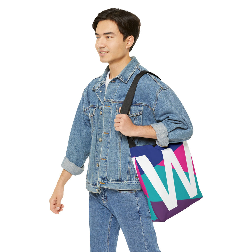 Initial Letter 'W' Colorblock Adjustable Tote Bag — Monogram Alphabet Shoulder Bag