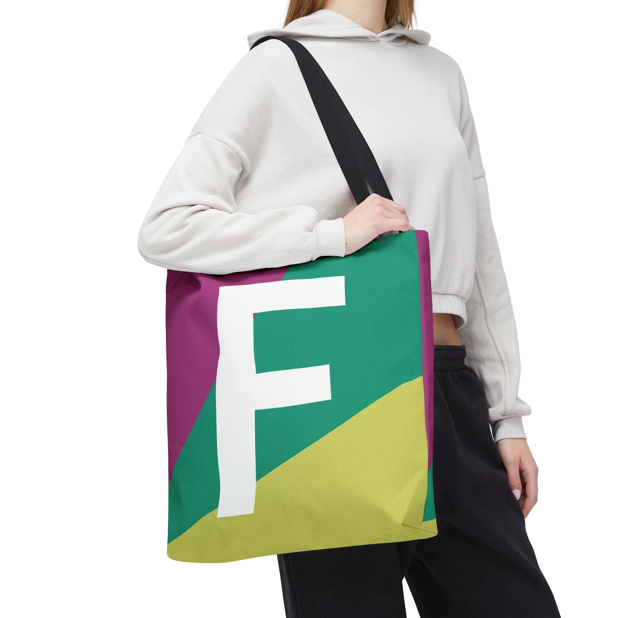 Monogram 'F' Colorblock Tote Bag — Personalized Initial F Shoulder Tote