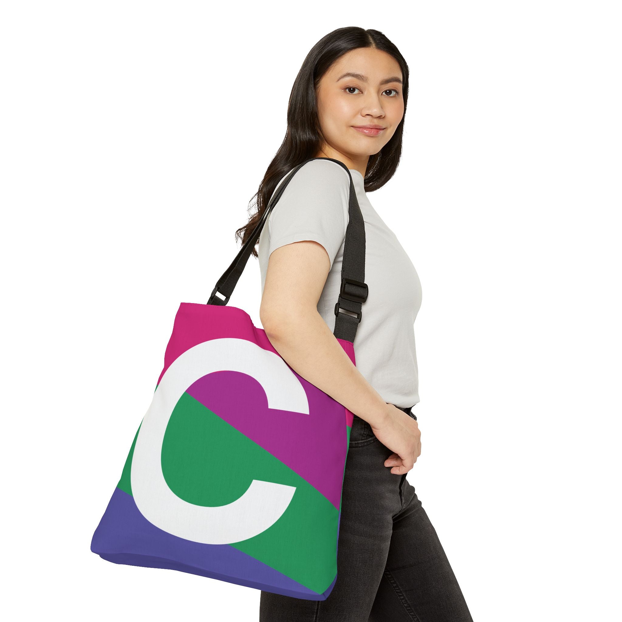 Initial Letter 'C' Colorblock Adjustable Tote Bag — Monogram Alphabet Shoulder Bag