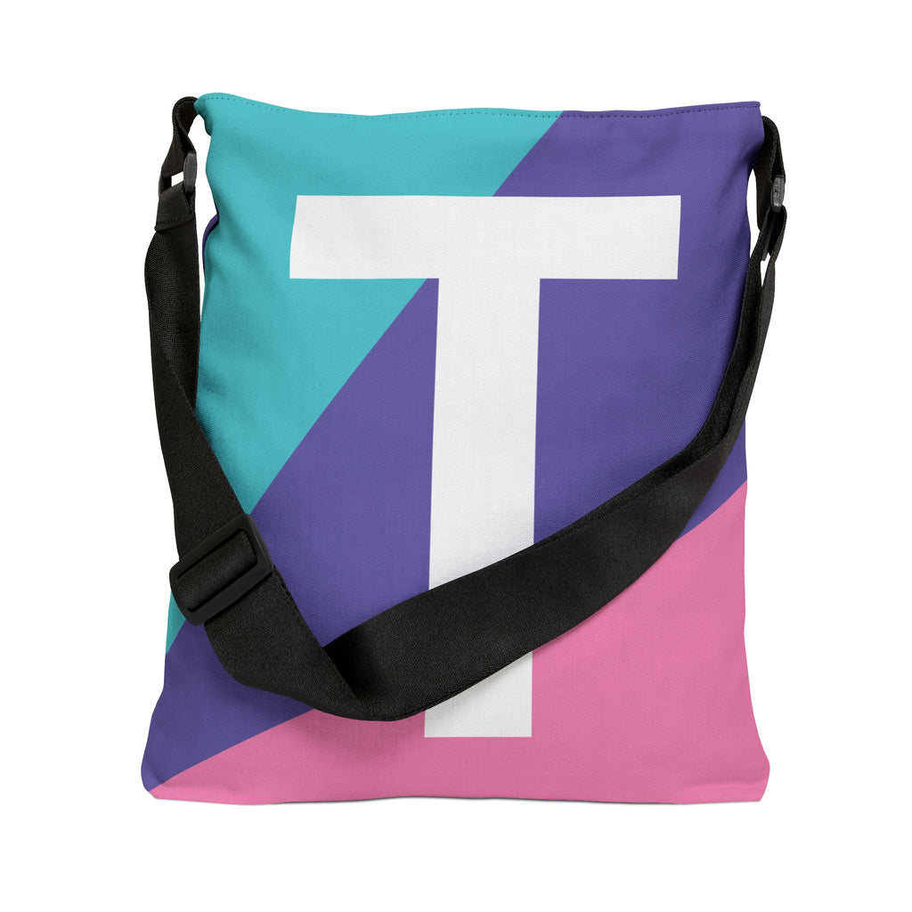 Initial Letter 'T' Colorblock Adjustable Tote Bag — Monogram Alphabet Shoulder Bag