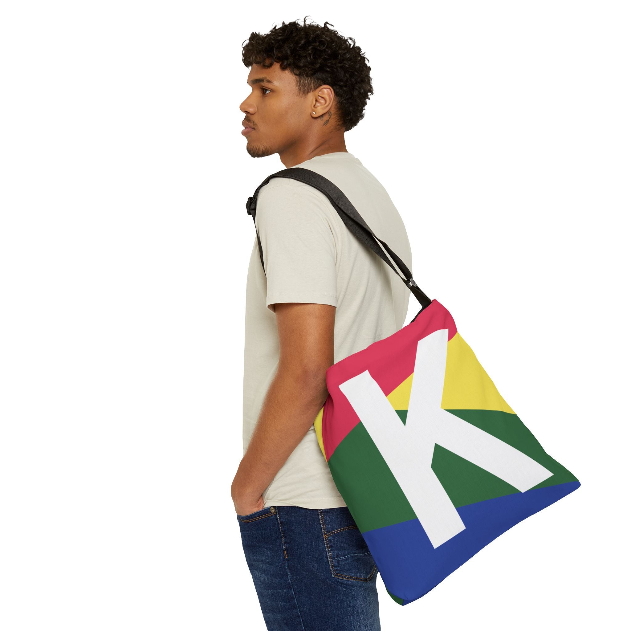 Initial Letter 'K' Colorblock Adjustable Tote Bag — Monogram Alphabet Shoulder Bag