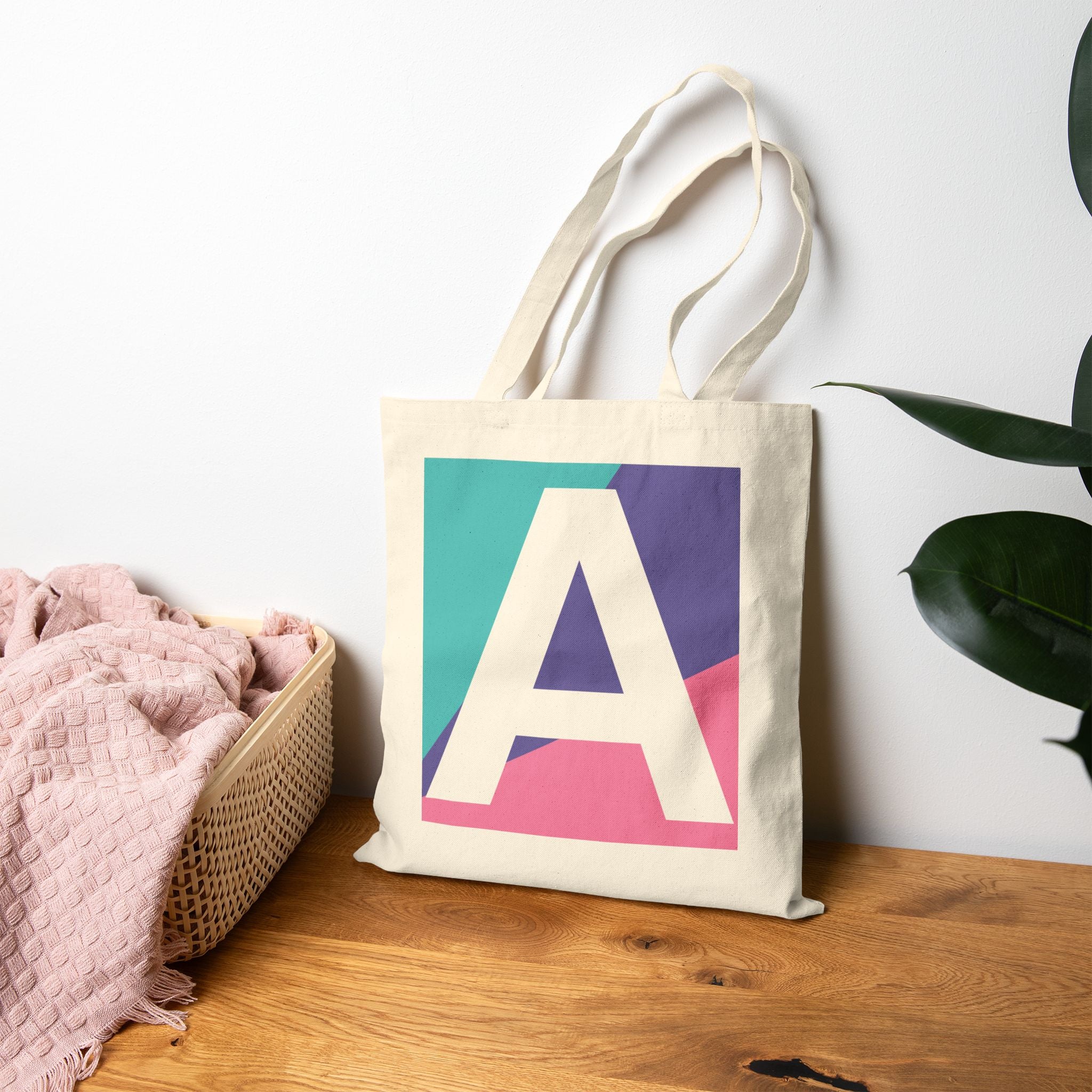 Initial A Colorblock Canvas Tote Bag — Monogram Letter A Reusable Grocery Tote