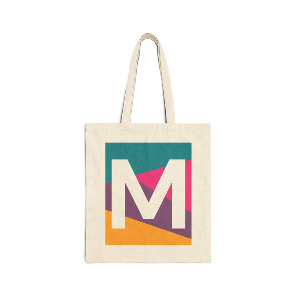 Initial M Colorblock Canvas Tote Bag — Monogram Letter M Reusable Grocery Tote
