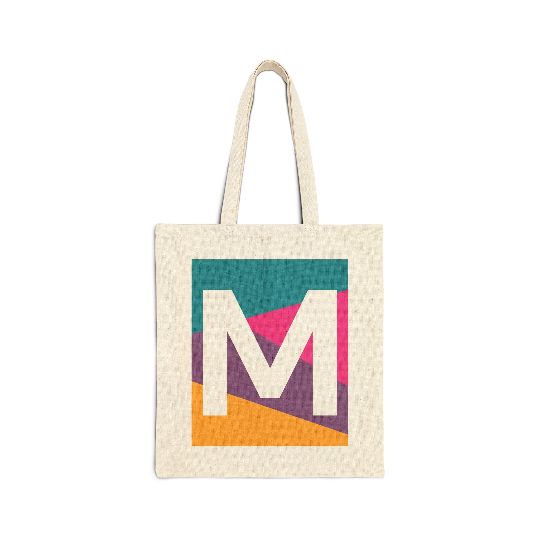 Initial M Colorblock Canvas Tote Bag — Monogram Letter M Reusable Grocery Tote