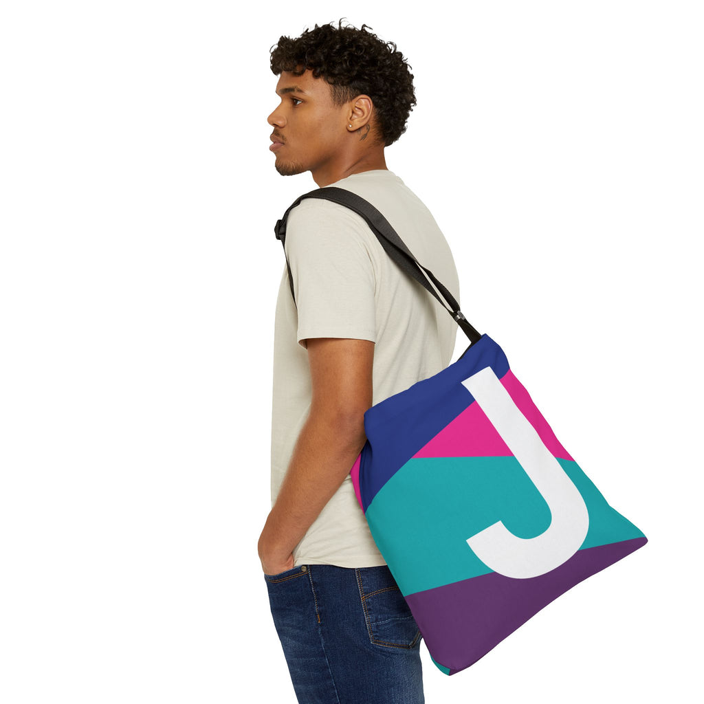 Initial Letter 'J' Colorblock Adjustable Tote Bag — Monogram Alphabet Shoulder Bag