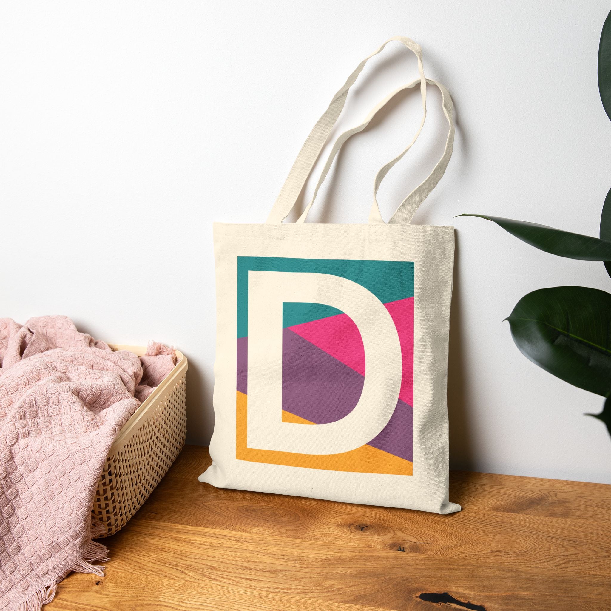 Initial D Colorblock Canvas Tote Bag — Monogram Letter D Reusable Grocery Tote