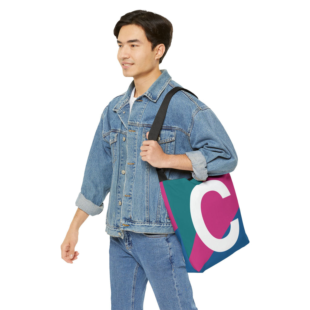 Initial Letter 'C' Colorblock Adjustable Tote Bag — Monogram Alphabet Shoulder Bag