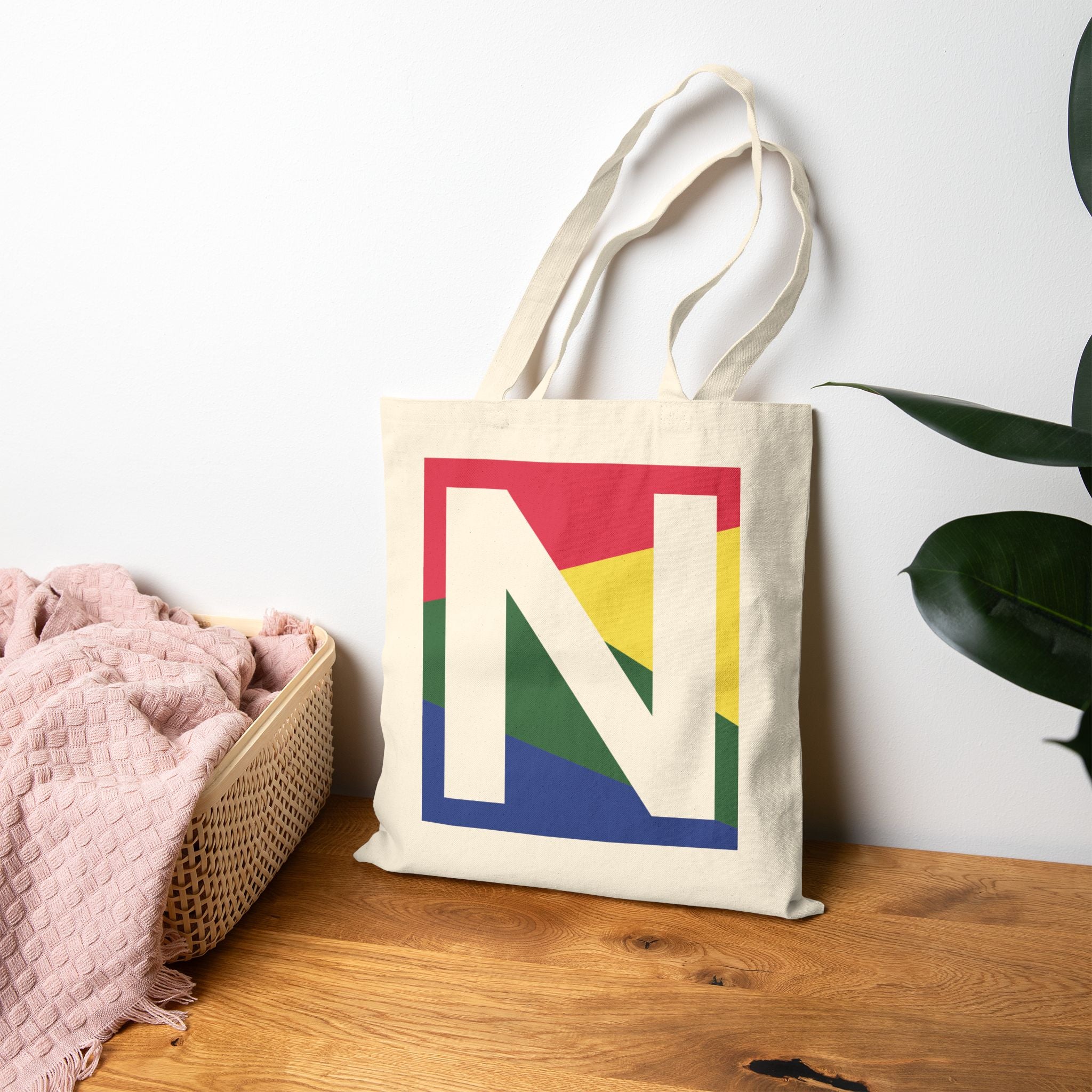 Initial N Colorblock Canvas Tote Bag — Monogram Letter N Reusable Grocery Tote
