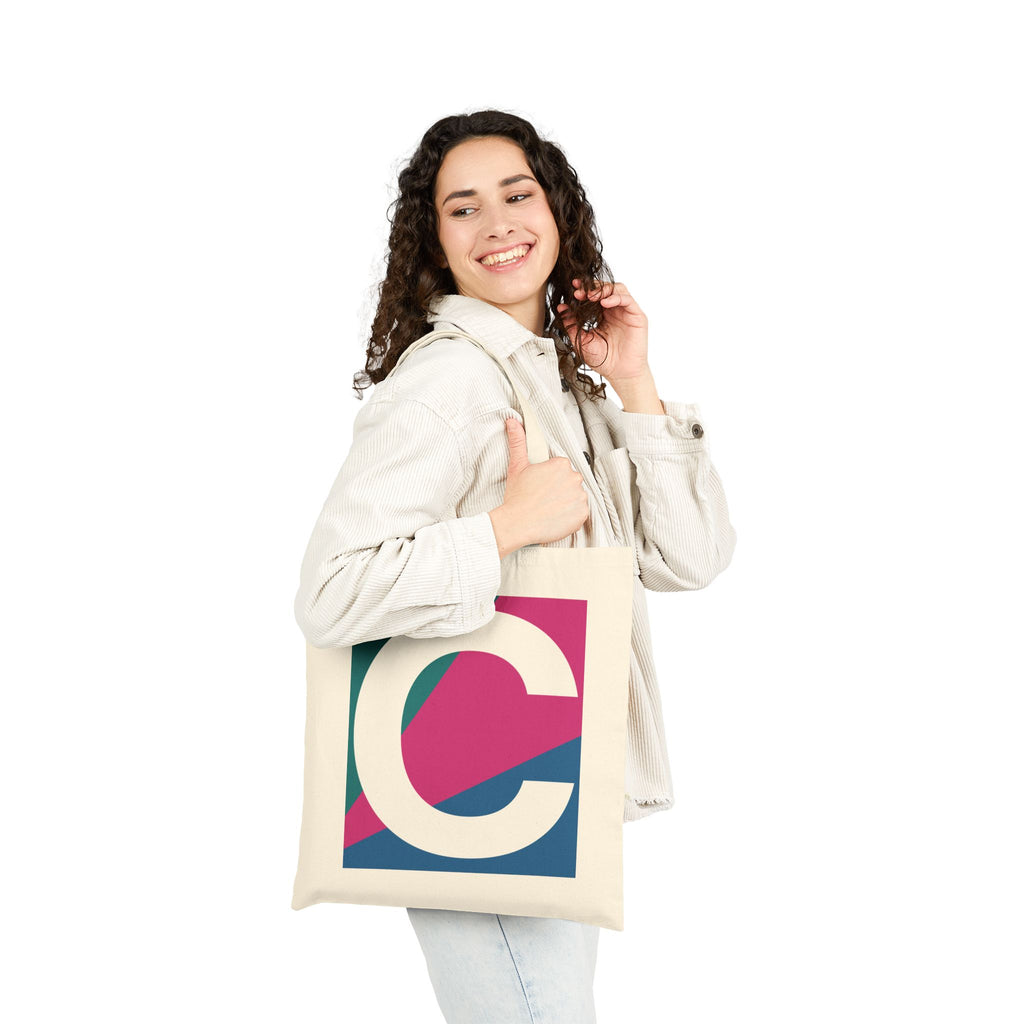 Initial C Colorblock Canvas Tote Bag — Monogram Letter C Reusable Grocery Tote
