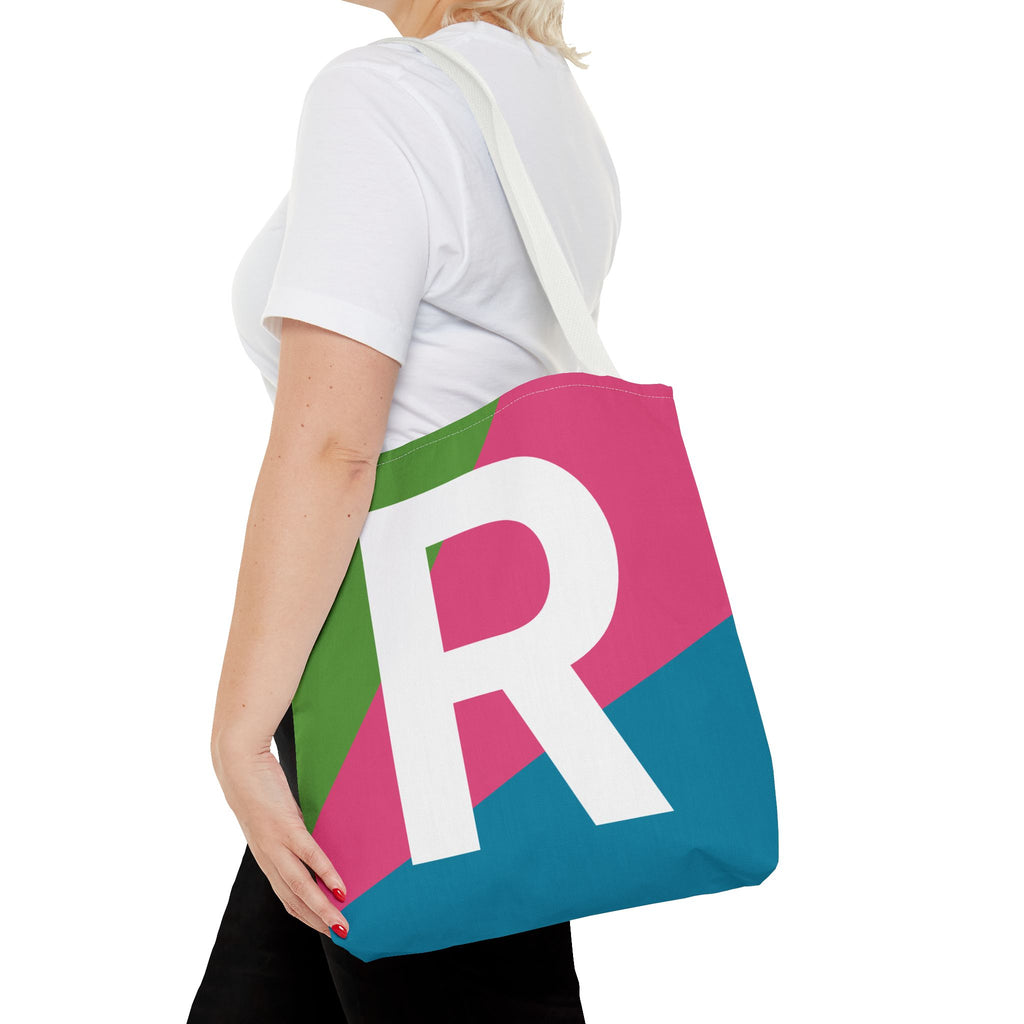 Monogram 'R' Colorblock Tote Bag — Personalized Initial R Shoulder Tote