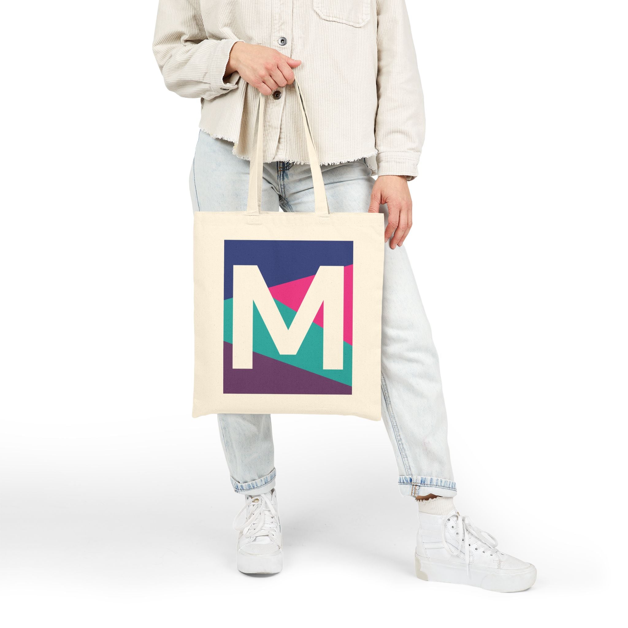 Initial M Colorblock Canvas Tote Bag — Monogram Letter M Reusable Grocery Tote