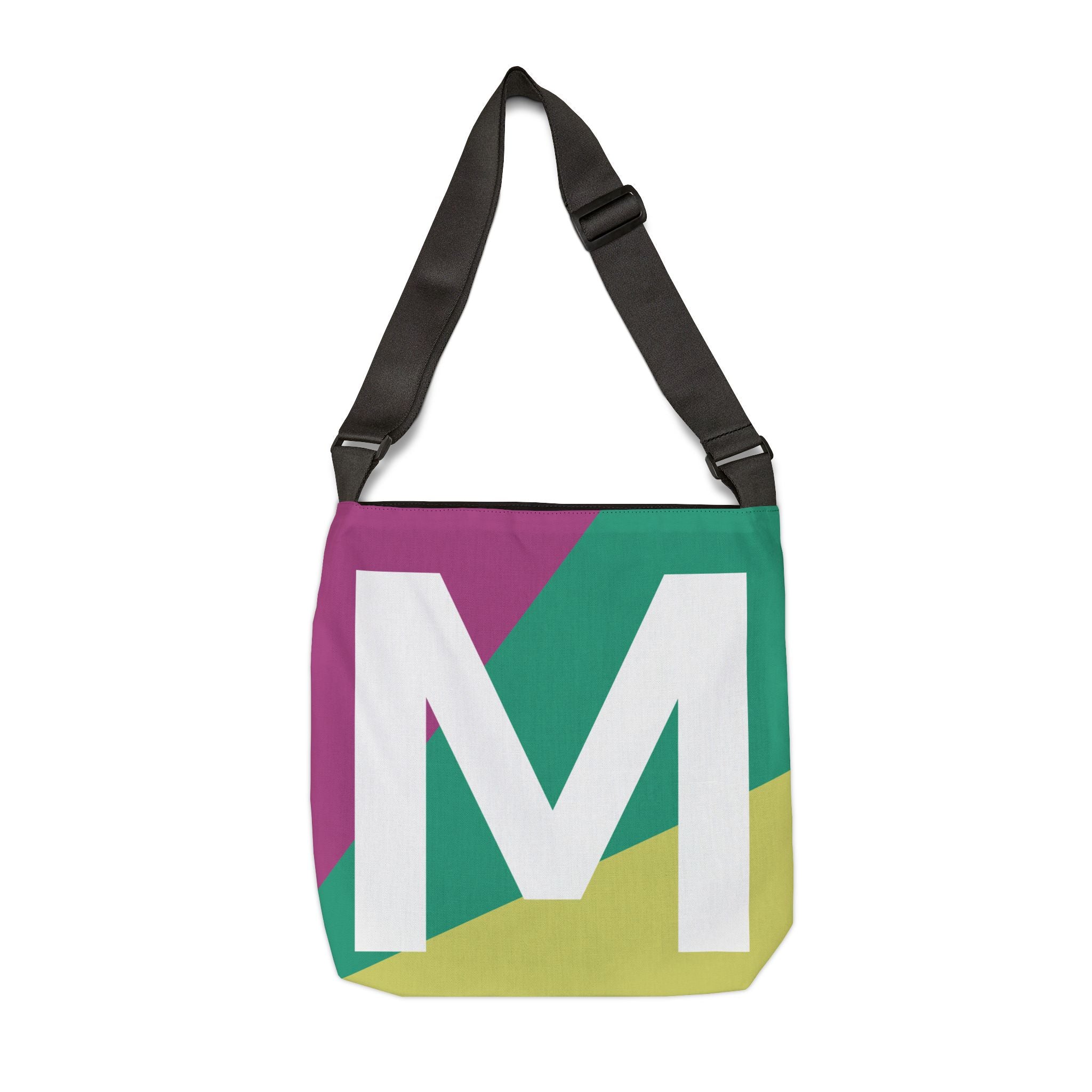 Initial Letter 'M' Colorblock Adjustable Tote Bag — Monogram Alphabet Shoulder Bag