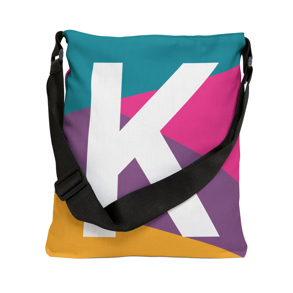 Initial Letter 'K' Colorblock Adjustable Tote Bag — Monogram Alphabet Shoulder Bag
