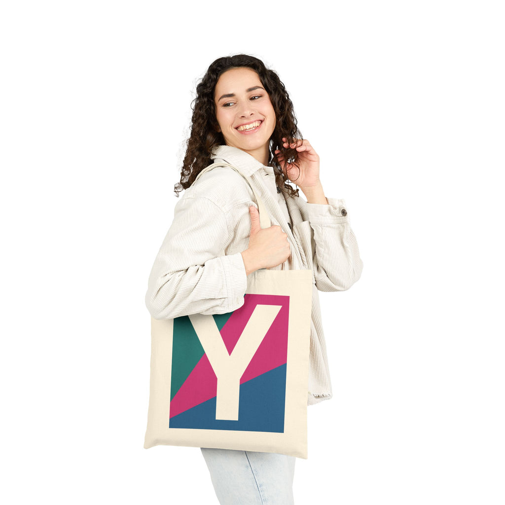 Initial Y Colorblock Canvas Tote Bag — Monogram Letter Y Reusable Grocery Tote