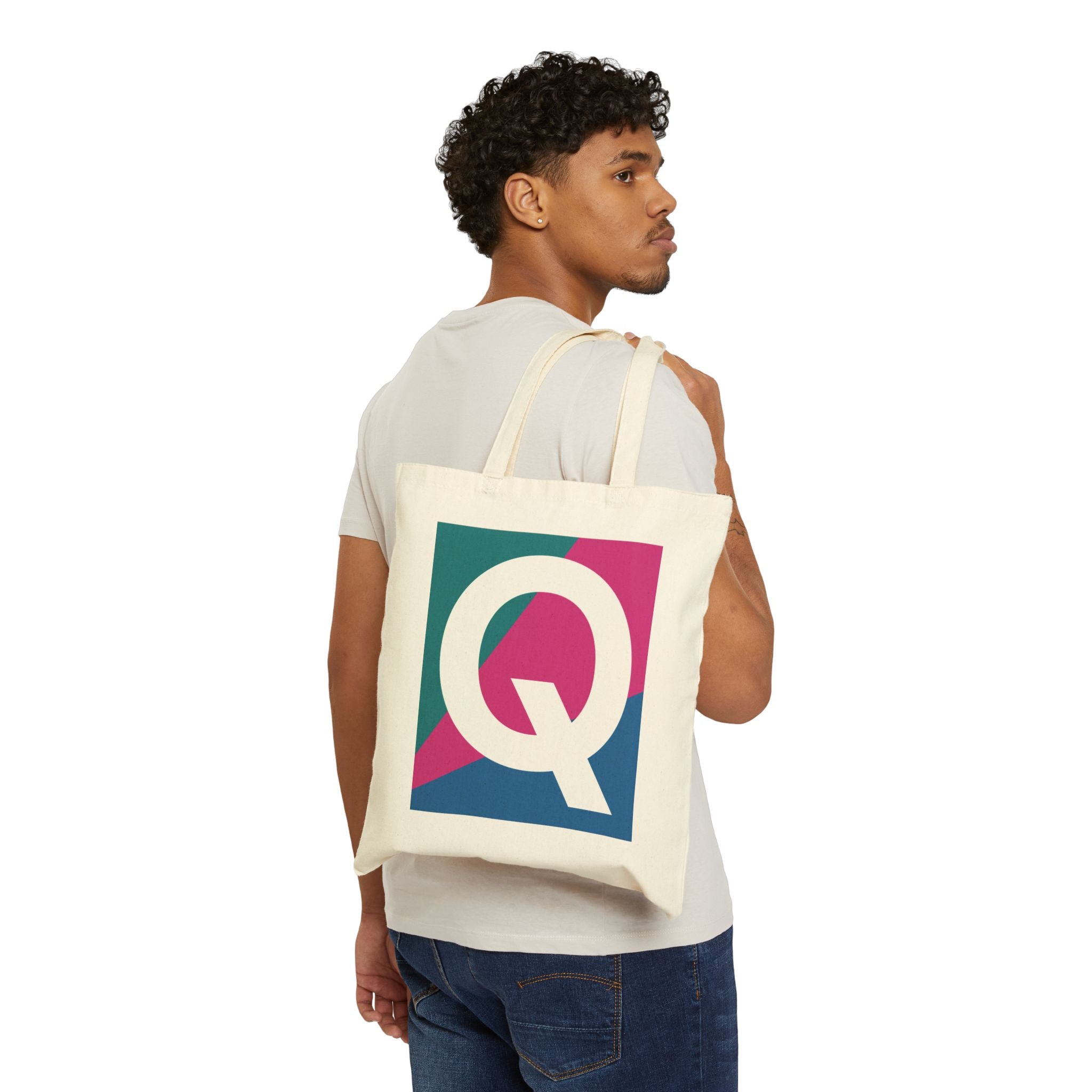 Initial Q Colorblock Canvas Tote Bag — Monogram Letter Q Reusable Grocery Tote