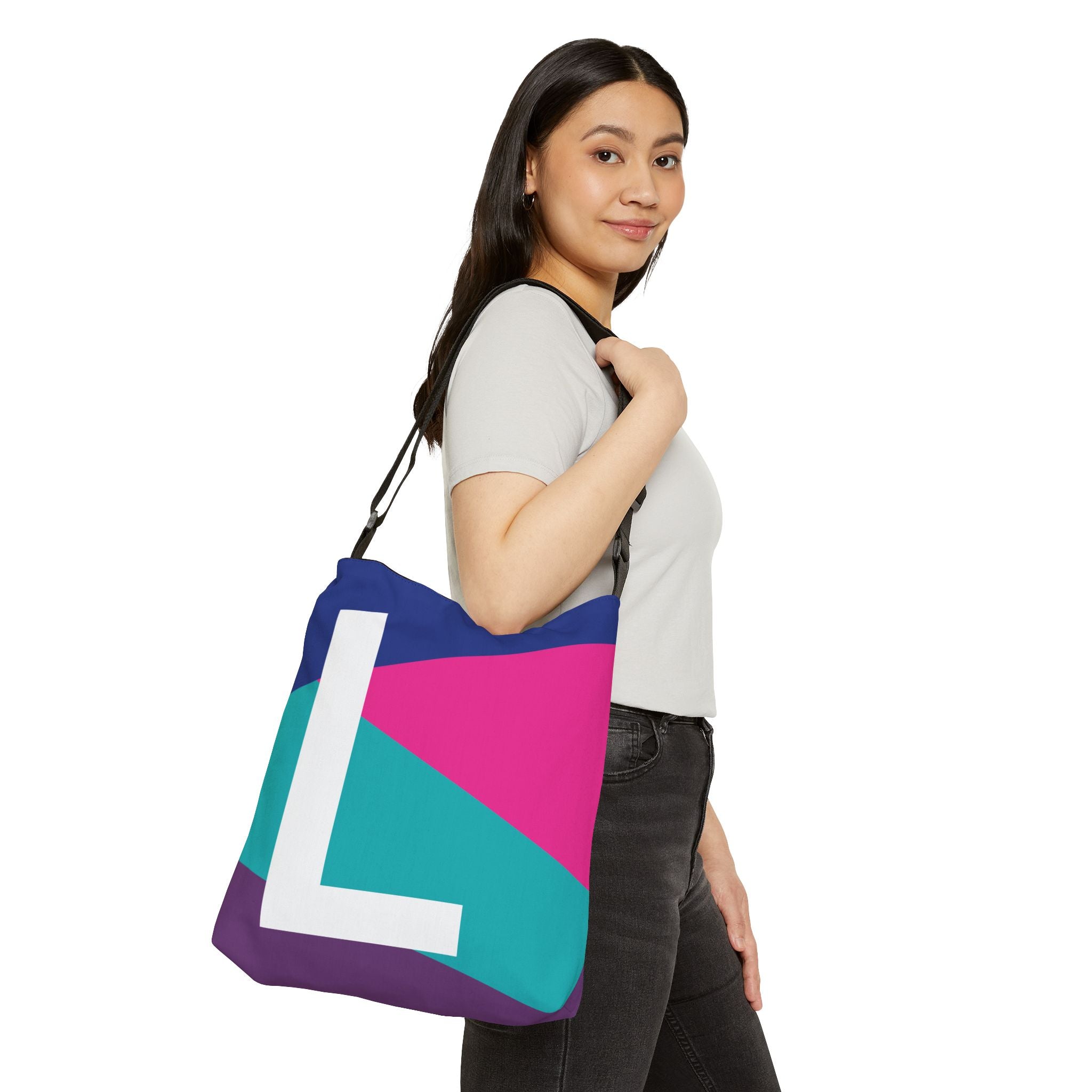 Initial Letter 'L' Colorblock Adjustable Tote Bag — Monogram Alphabet Shoulder Bag